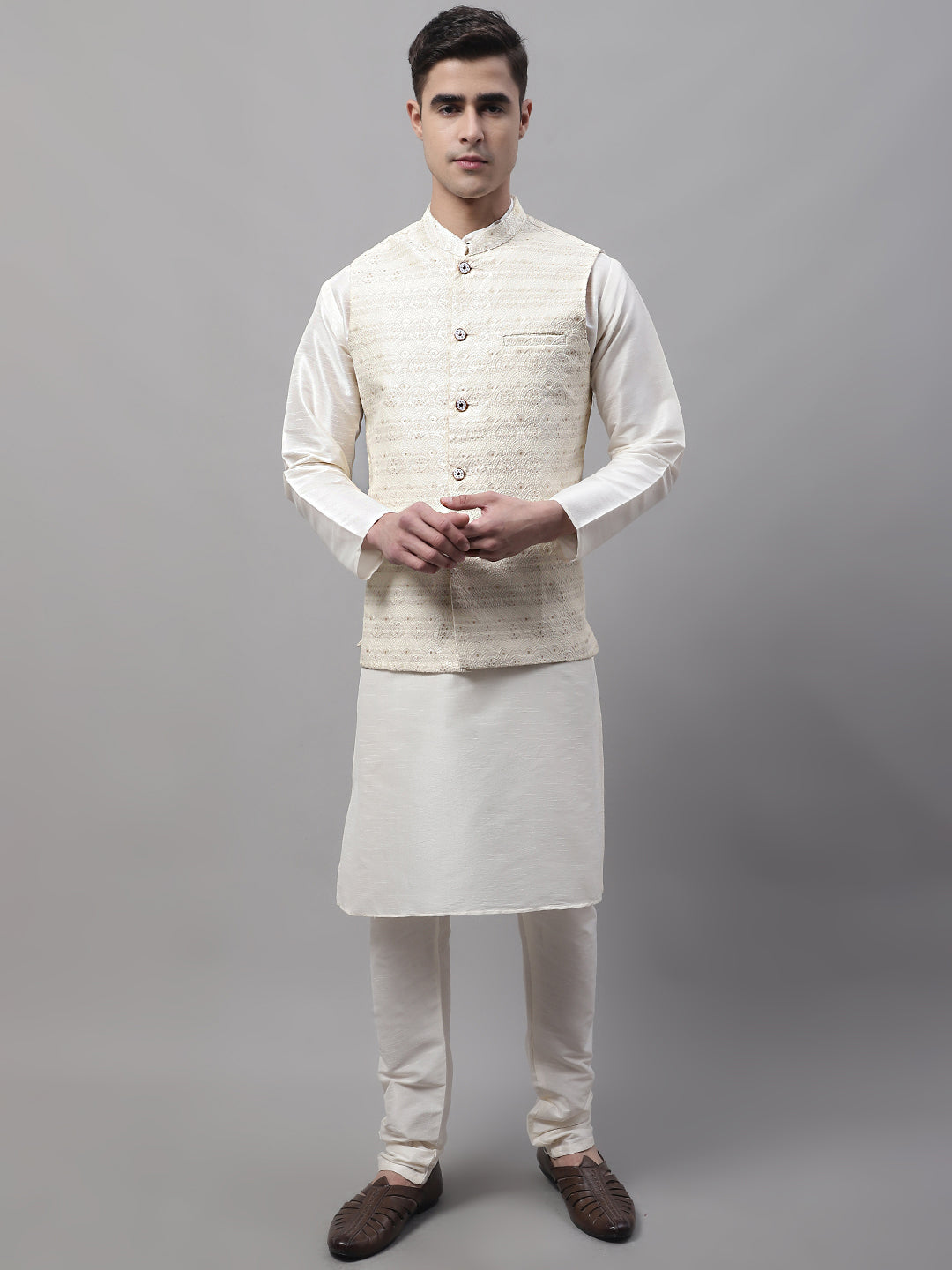 Jompers Men's off-White Solid Kurta Pyjama with Cream Woven Design Nehru Jacket