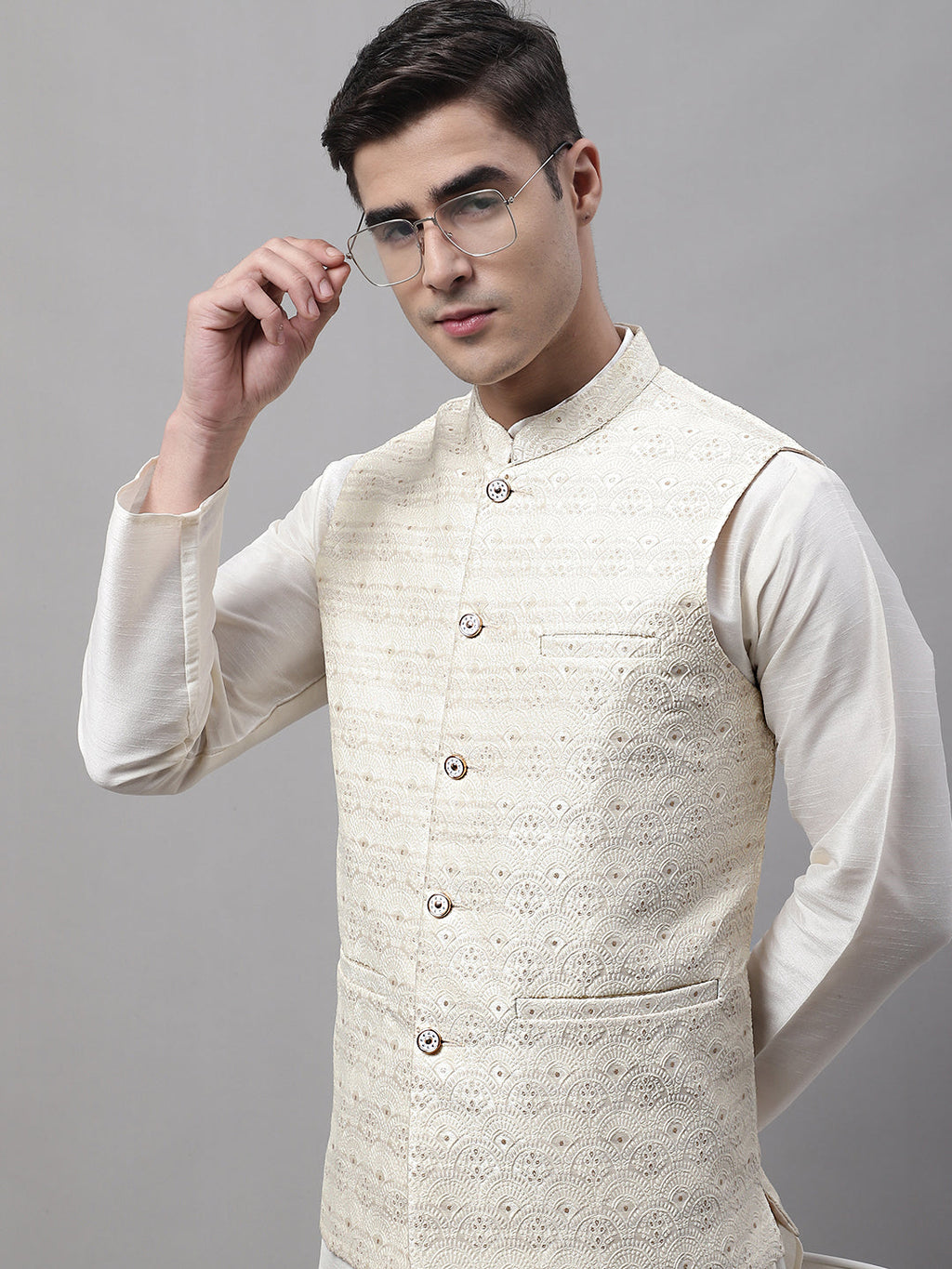 Jompers Men's off-White Solid Kurta Pyjama with Cream Woven Design Nehru Jacket