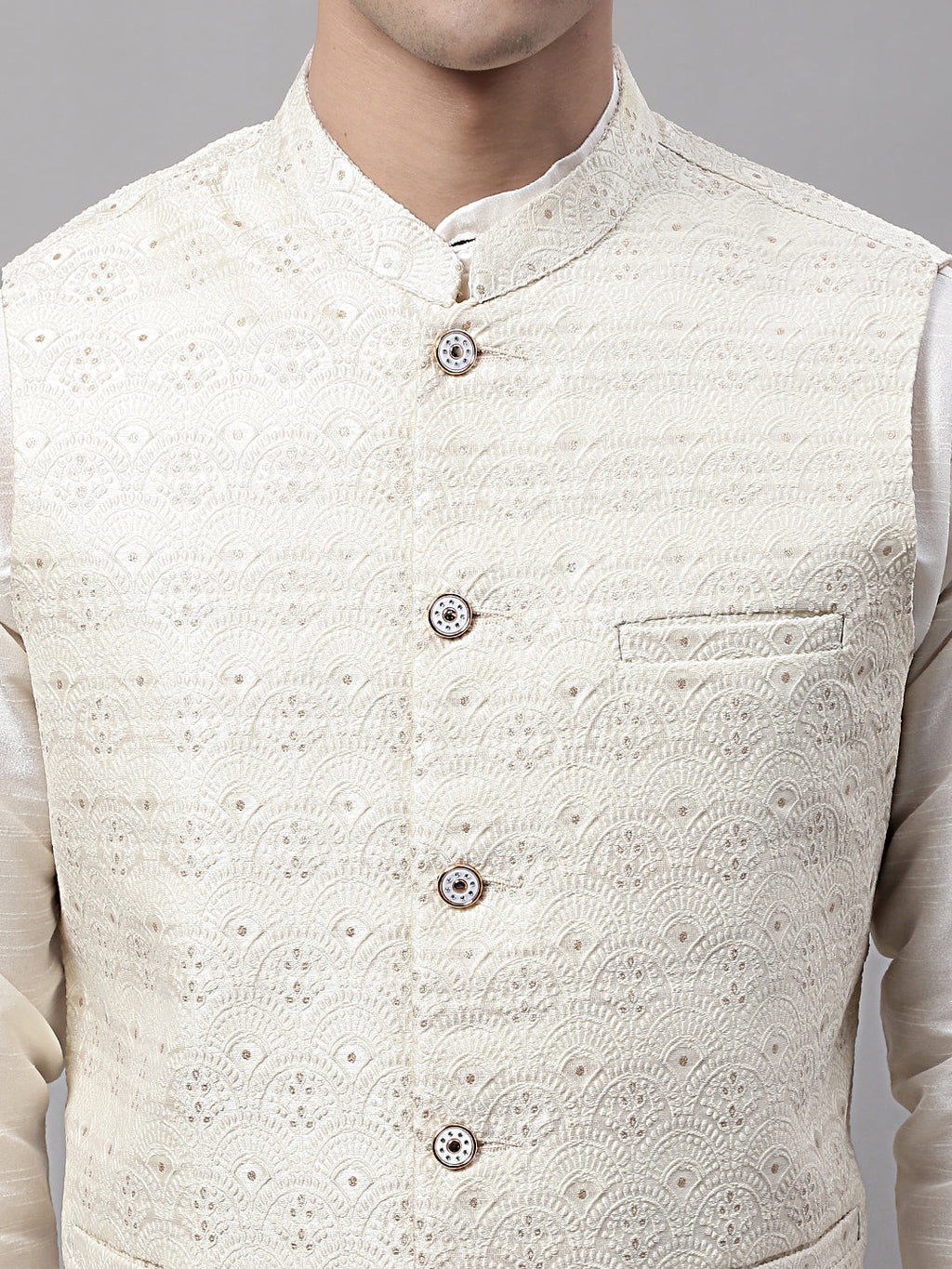 Jompers Men's off-White Solid Kurta Pyjama with Cream Woven Design Nehru Jacket