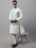Jompers Men's off-White Solid Kurta Pyjama with Sky Blue Woven Design Nehru Jacket