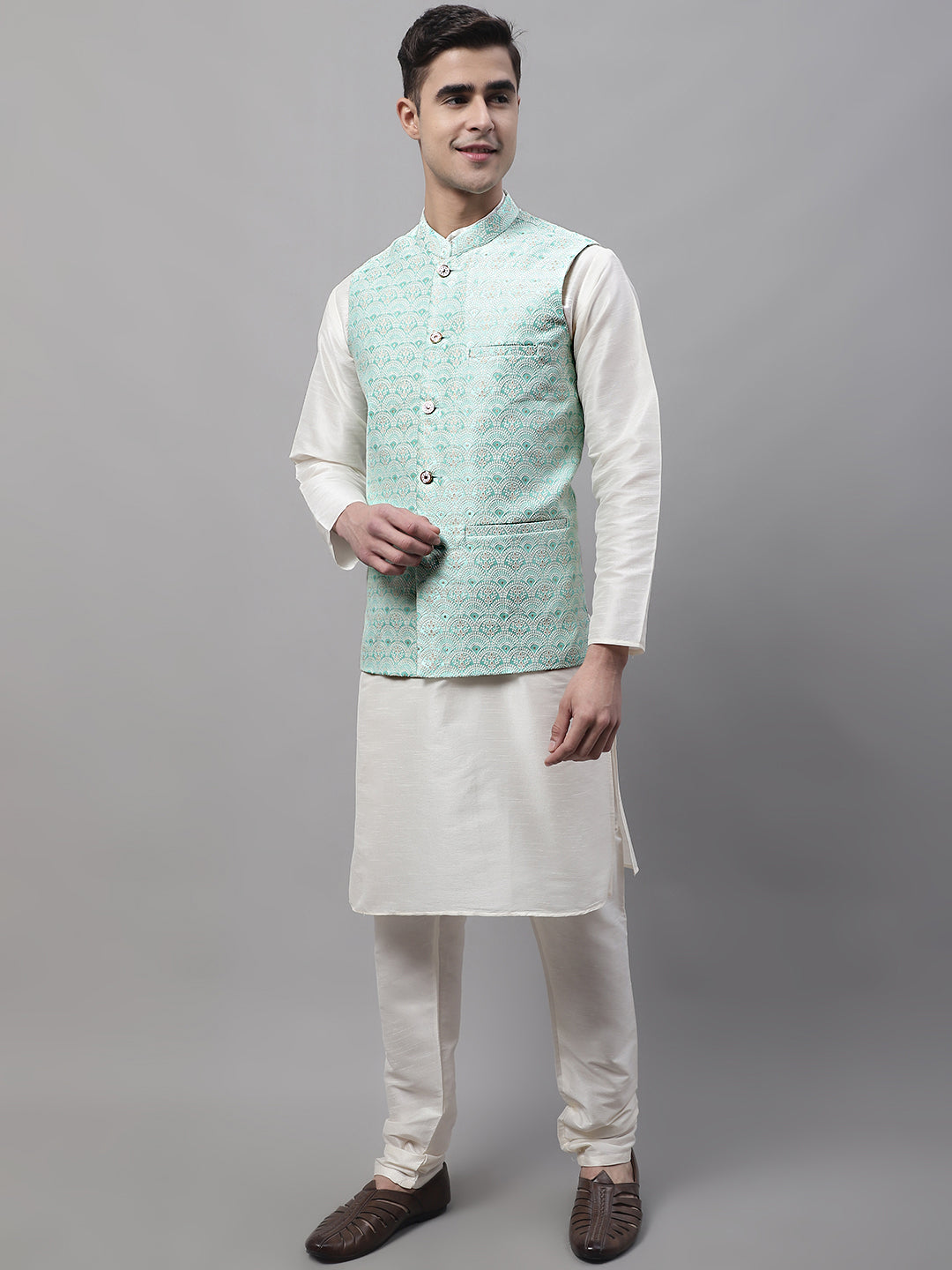 Jompers Men's off-White Solid Kurta Pyjama with Sky Blue Woven Design Nehru Jacket