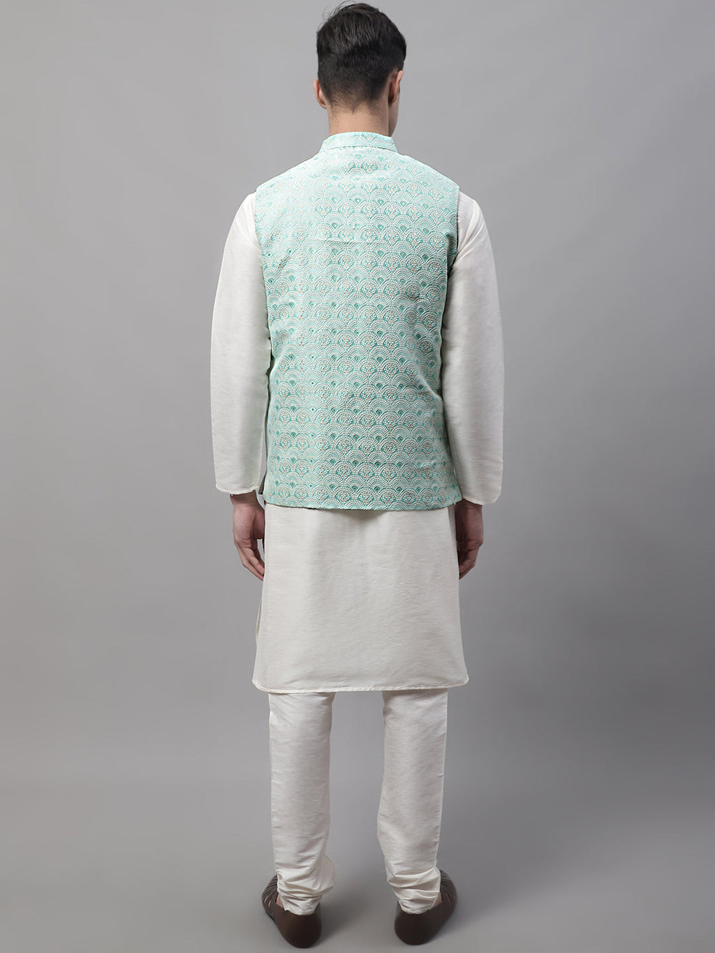Jompers Men's off-White Solid Kurta Pyjama with Sky Blue Woven Design Nehru Jacket