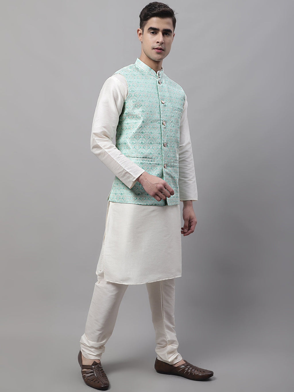 Jompers Men's off-White Solid Kurta Pyjama with Sky Blue Woven Design Nehru Jacket