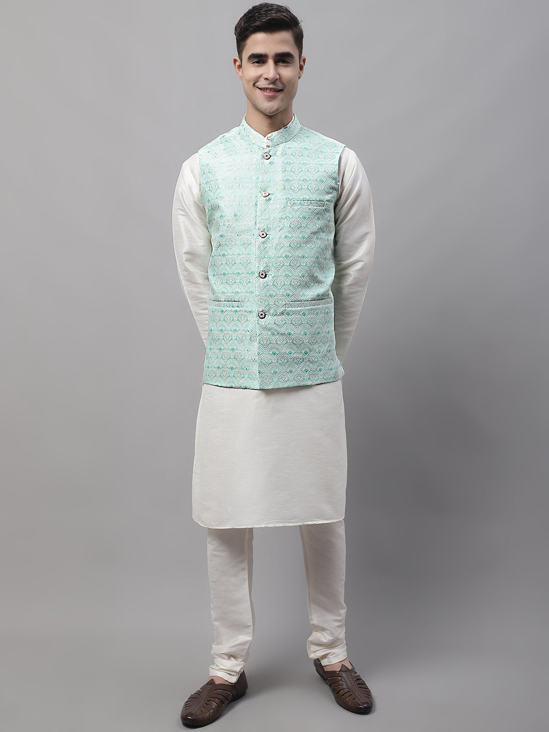 Jompers Men's off-White Solid Kurta Pyjama with Sky Blue Woven Design Nehru Jacket