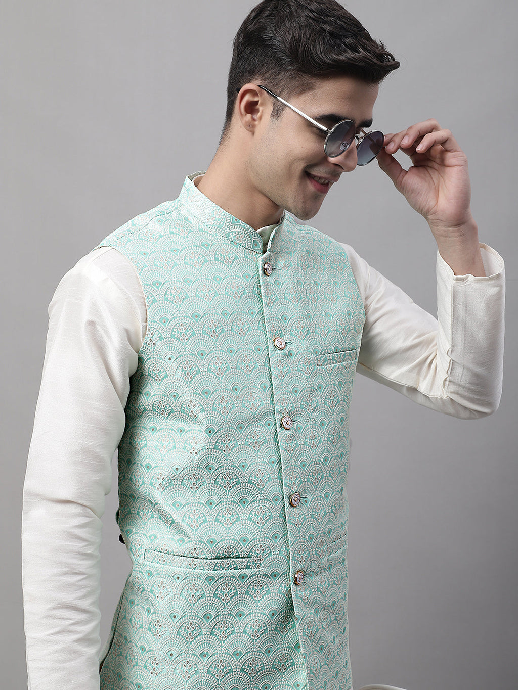 Jompers Men's off-White Solid Kurta Pyjama with Sky Blue Woven Design Nehru Jacket