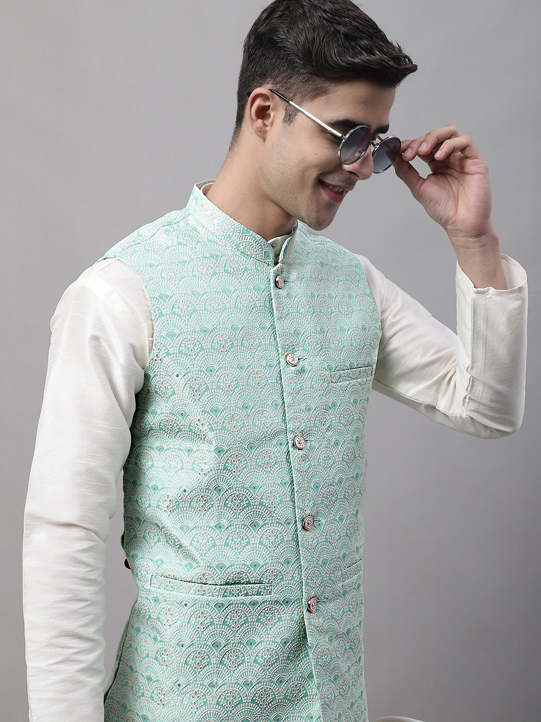 Jompers Men's off-White Solid Kurta Pyjama with Sky Blue Woven Design Nehru Jacket