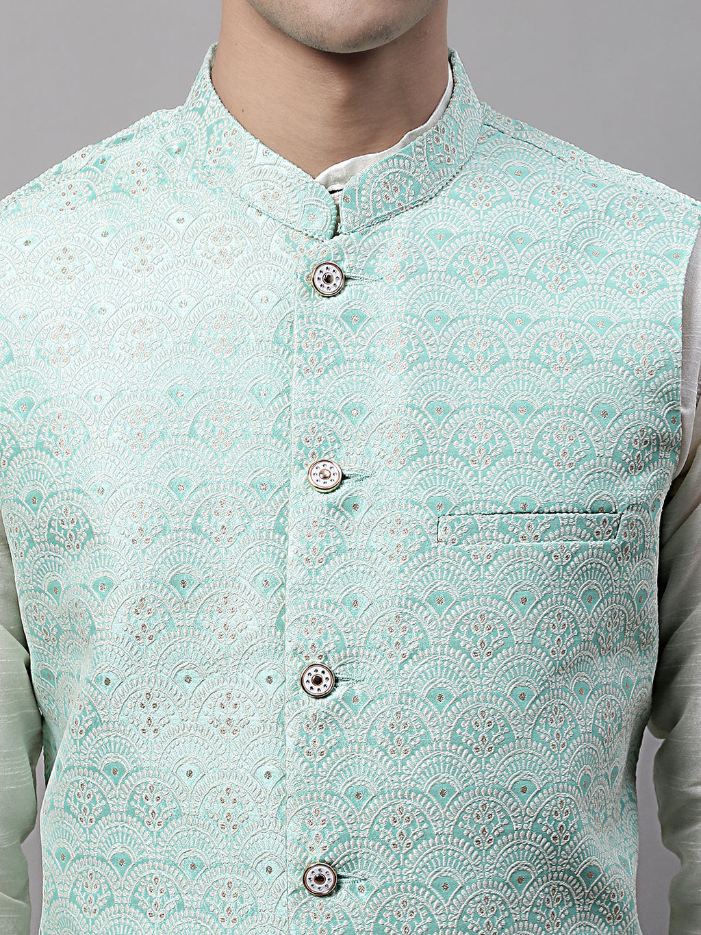 Jompers Men's off-White Solid Kurta Pyjama with Sky Blue Woven Design Nehru Jacket