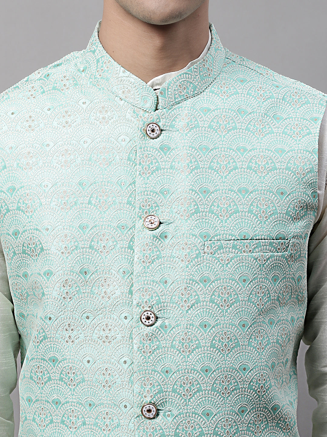 Jompers Men's off-White Solid Kurta Pyjama with Sky Blue Woven Design Nehru Jacket