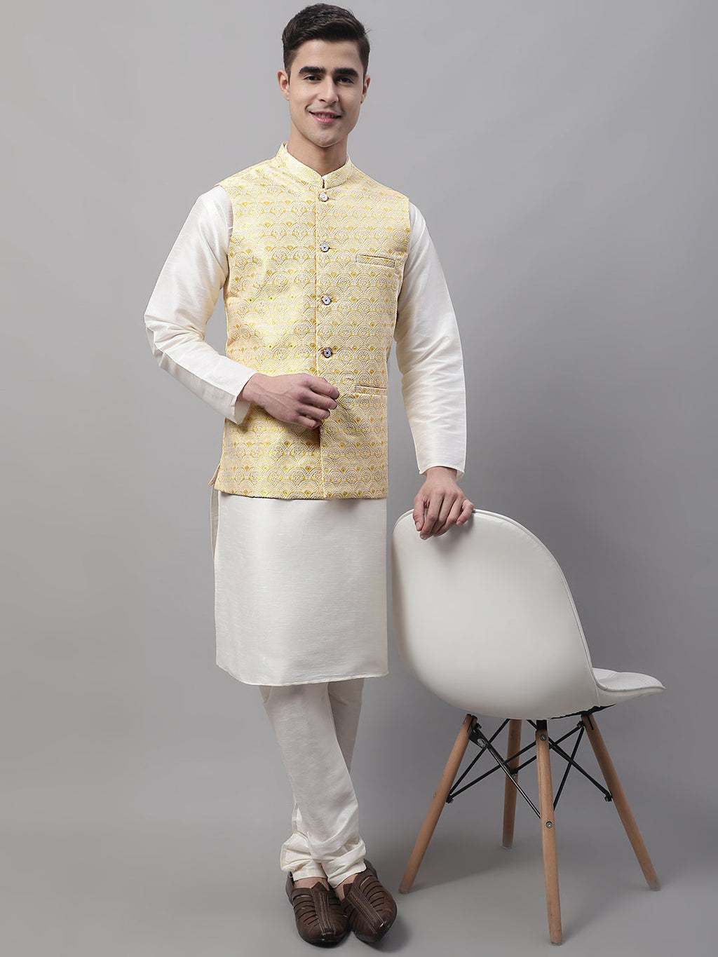 Jompers Men's off-White Solid Kurta Pyjama with Yellow Woven Design Nehru Jacket