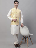 Jompers Men's off-White Solid Kurta Pyjama with Yellow Woven Design Nehru Jacket