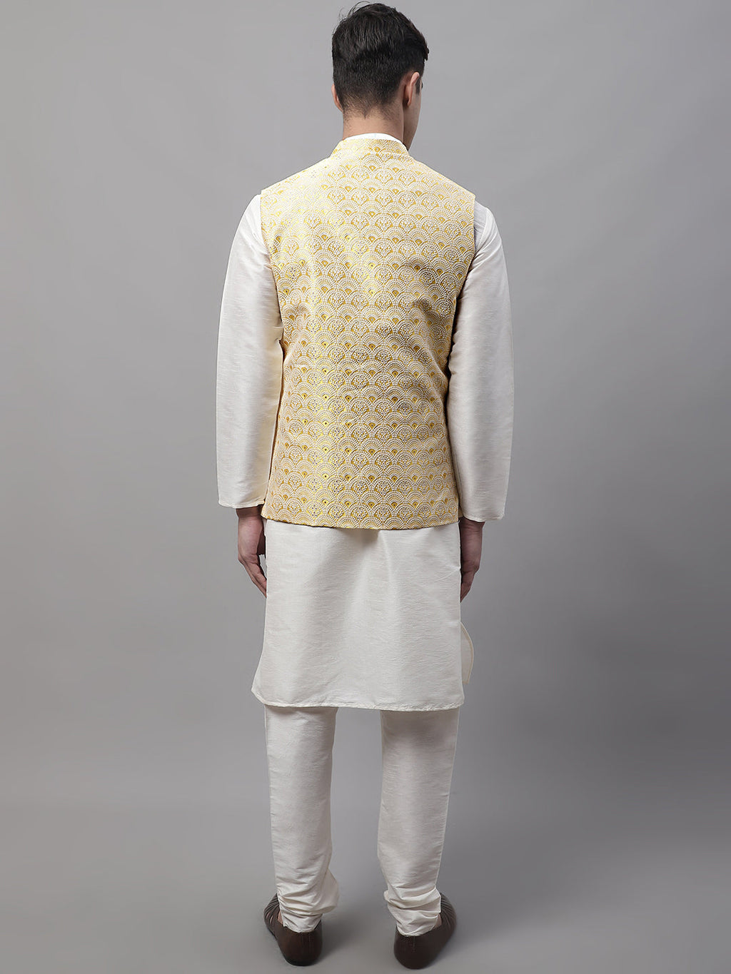 Jompers Men's off-White Solid Kurta Pyjama with Yellow Woven Design Nehru Jacket