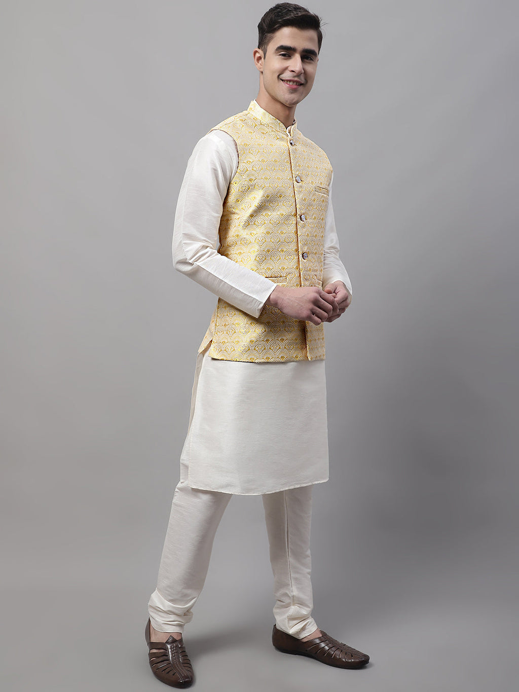 Jompers Men's off-White Solid Kurta Pyjama with Yellow Woven Design Nehru Jacket