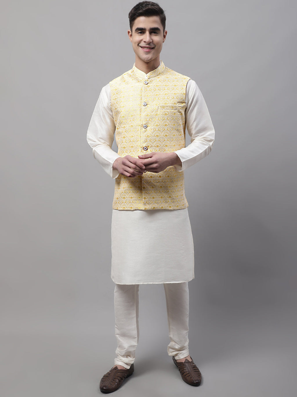 Jompers Men's off-White Solid Kurta Pyjama with Yellow Woven Design Nehru Jacket