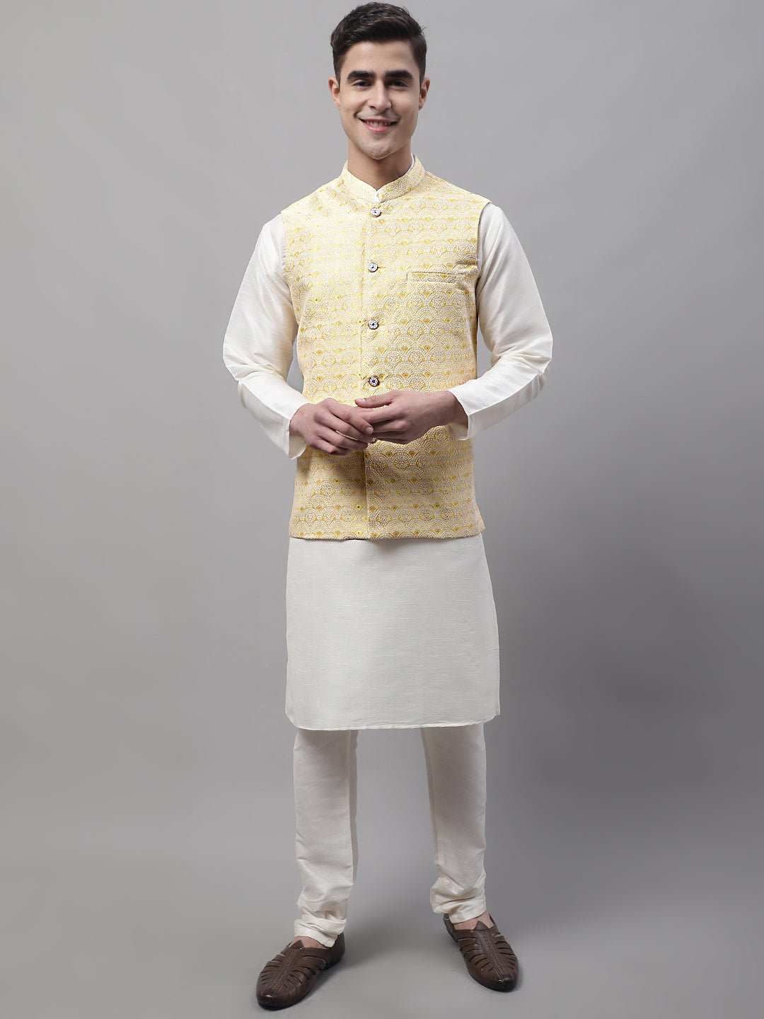 Jompers Men's off-White Solid Kurta Pyjama with Yellow Woven Design Nehru Jacket