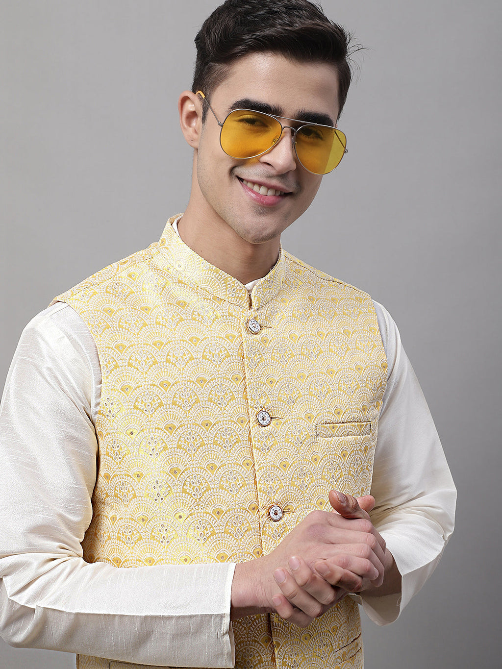 Jompers Men's off-White Solid Kurta Pyjama with Yellow Woven Design Nehru Jacket