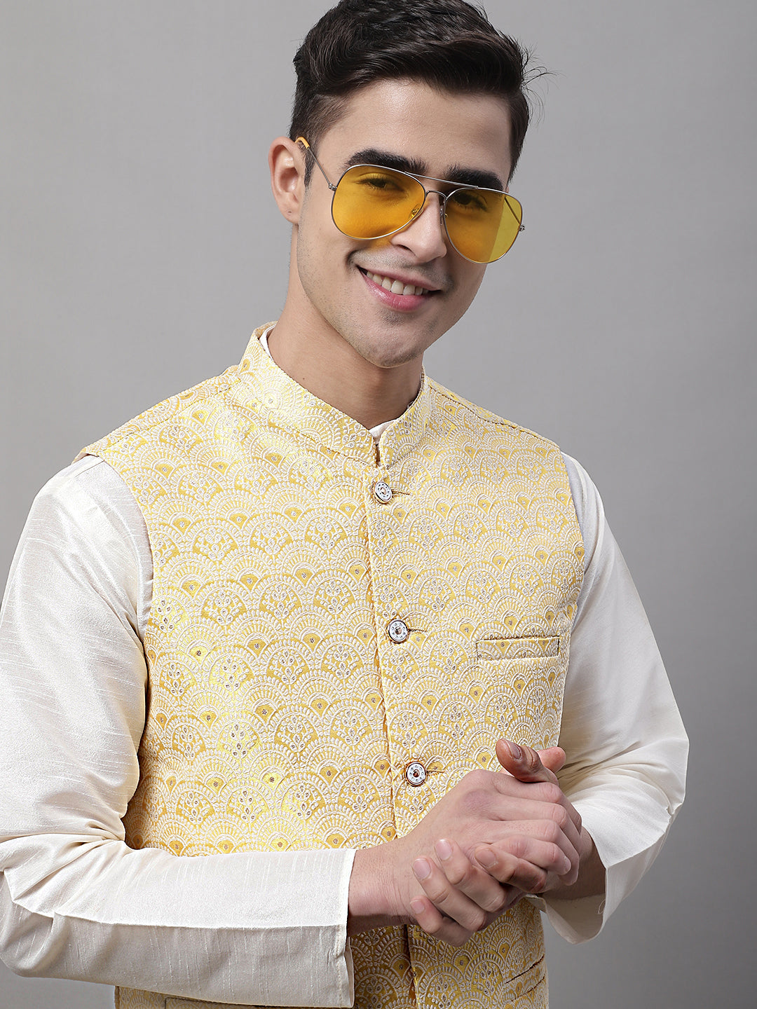 Jompers Men's off-White Solid Kurta Pyjama with Yellow Woven Design Nehru Jacket
