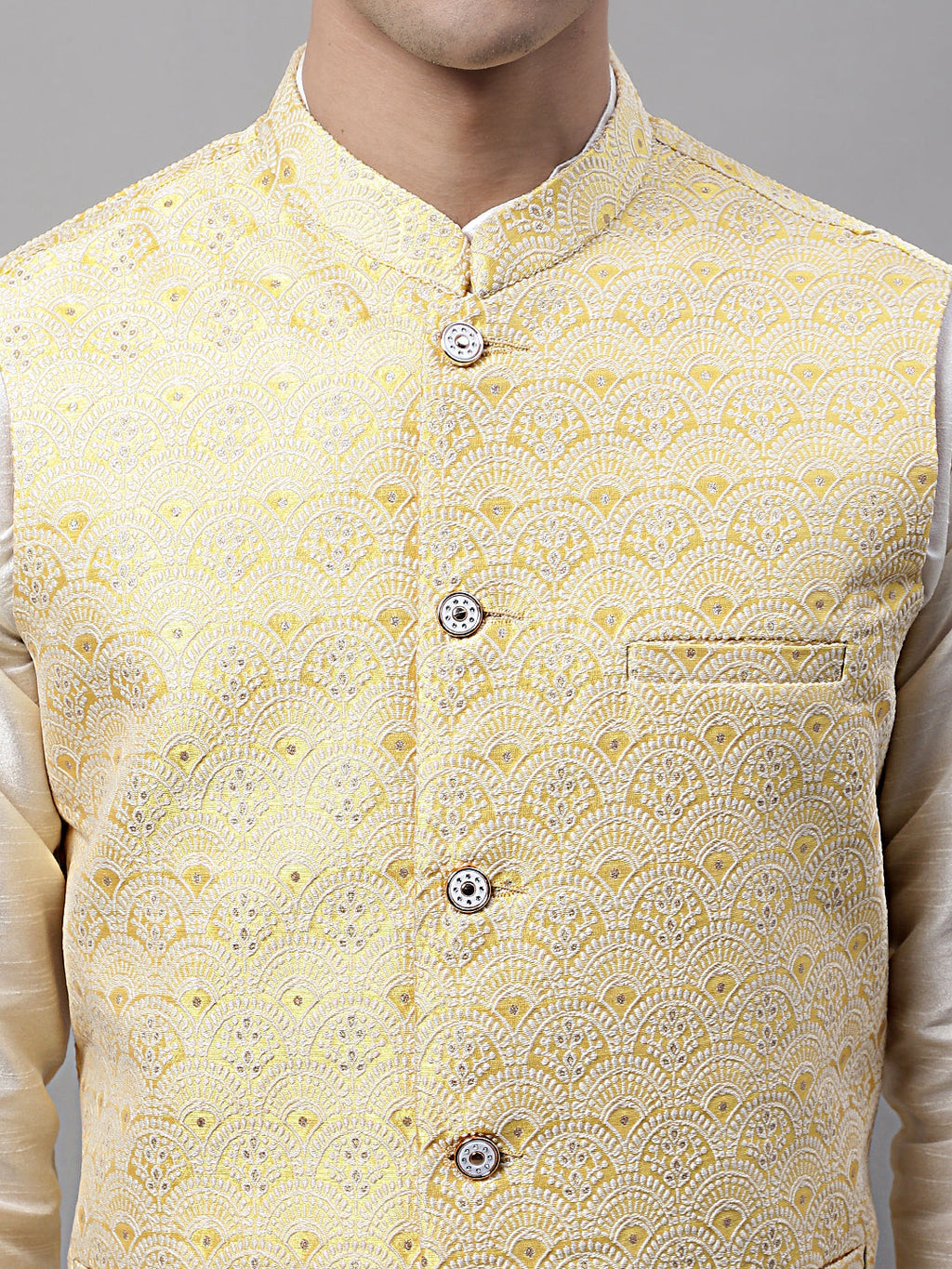 Jompers Men's off-White Solid Kurta Pyjama with Yellow Woven Design Nehru Jacket