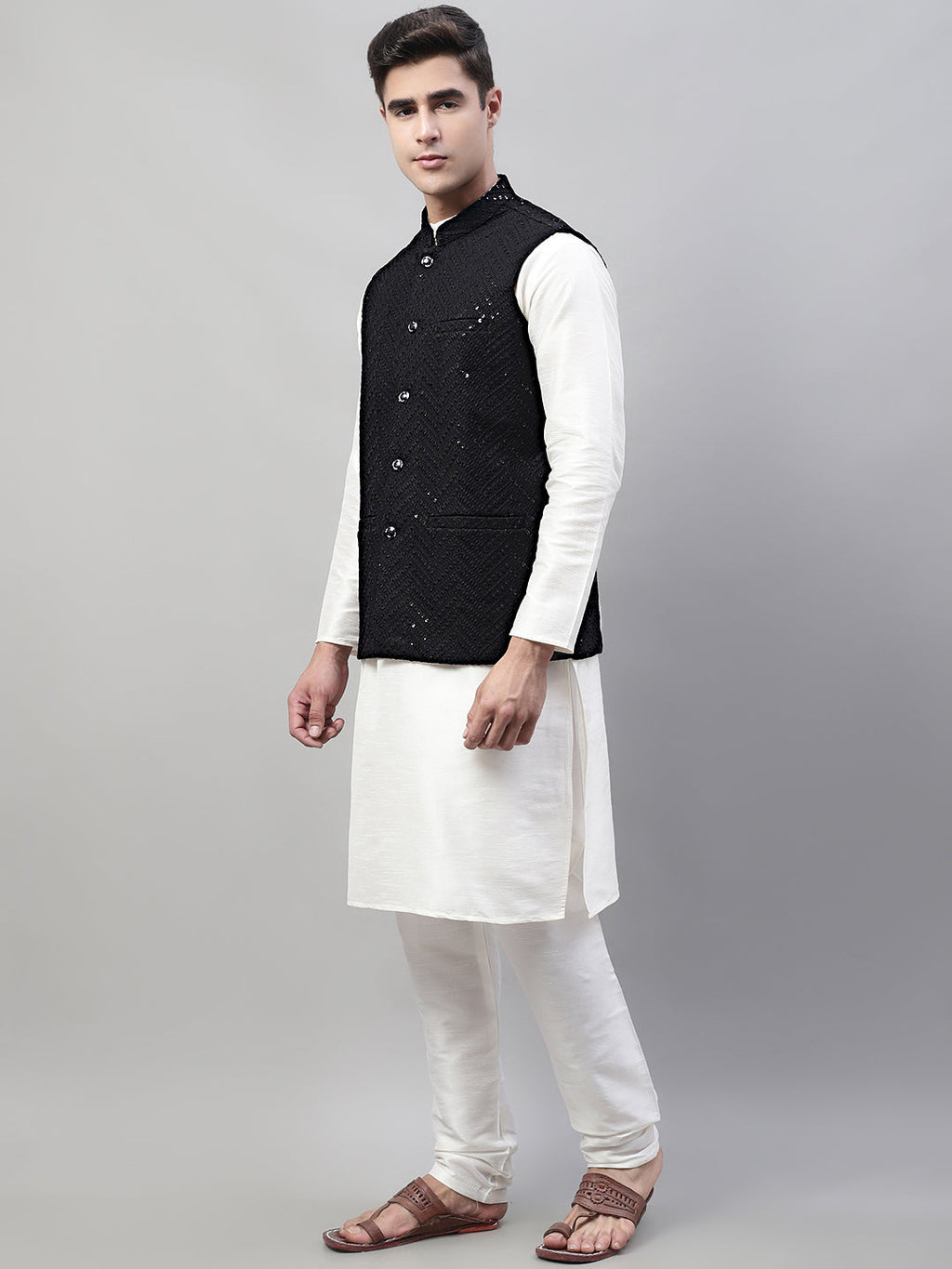 Jompers Men's White Solid Kurta Pyjama with Black Embroidered Nehru Jacket
