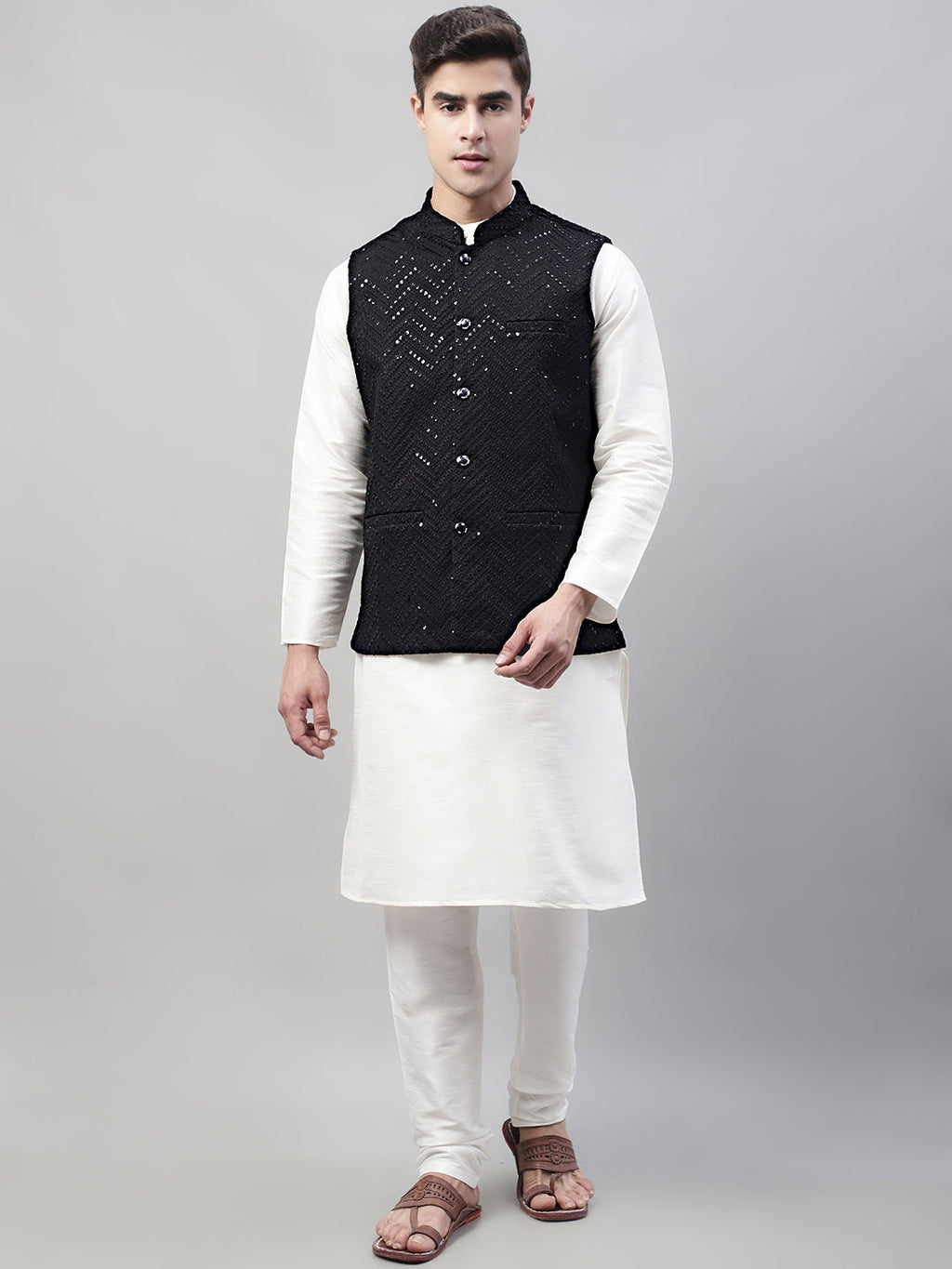 Jompers Men's White Solid Kurta Pyjama with Black Embroidered Nehru Jacket