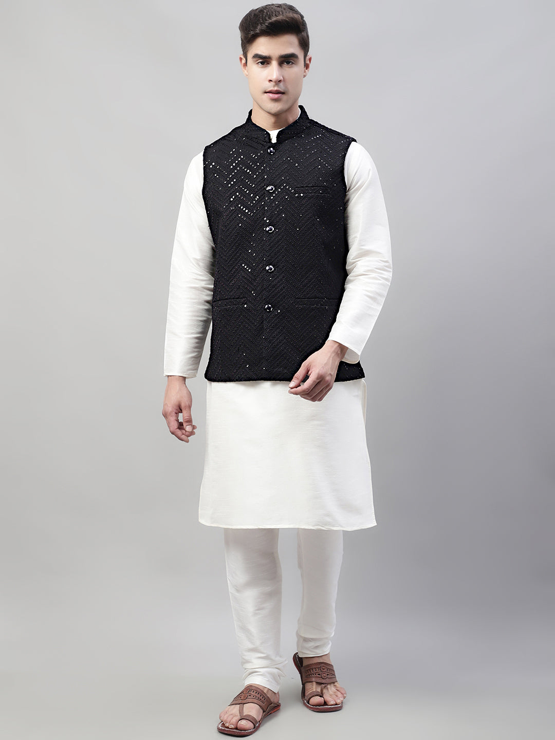 Jompers Men's White Solid Kurta Pyjama with Black Embroidered Nehru Jacket