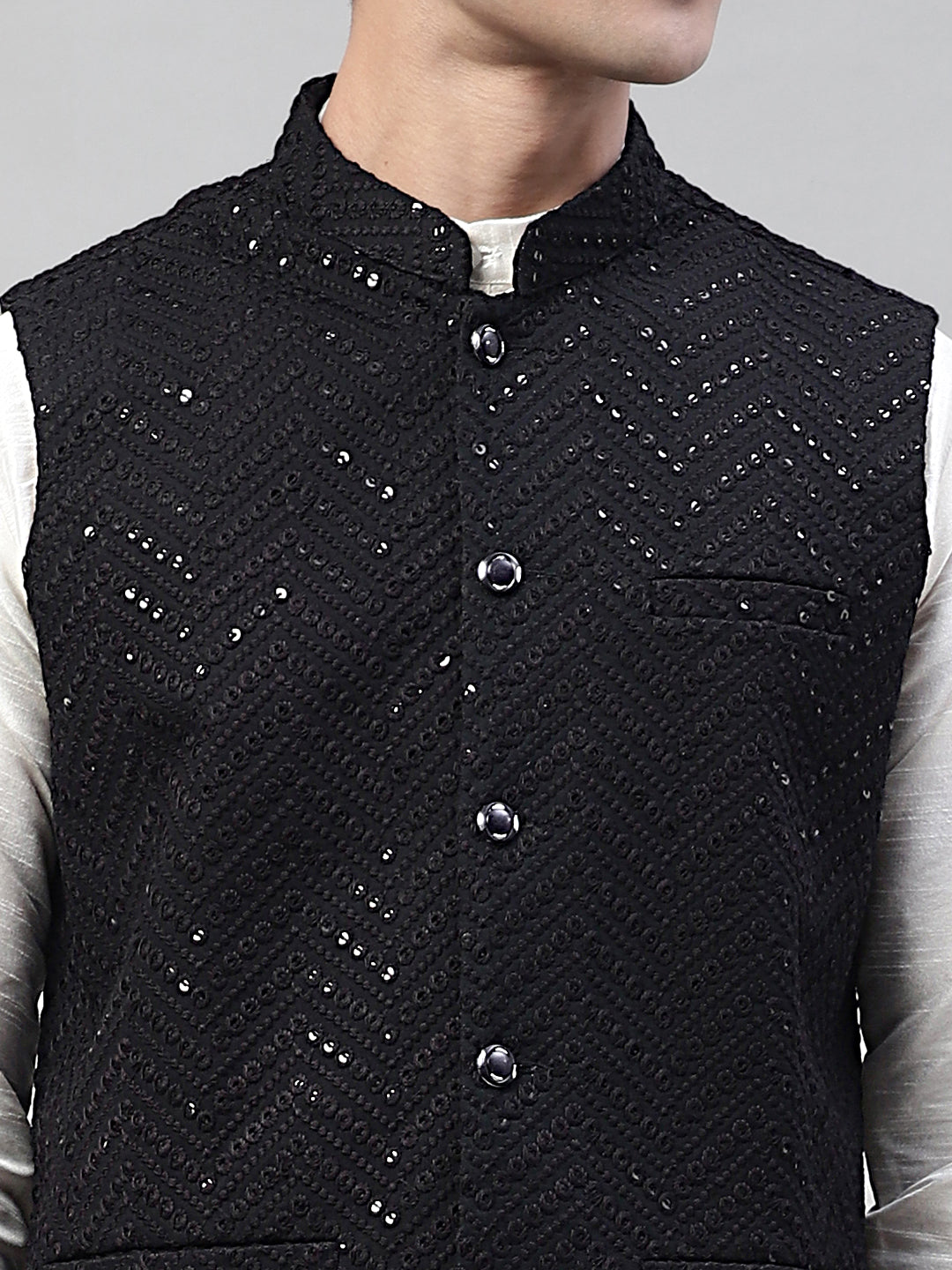 Jompers Men's White Solid Kurta Pyjama with Black Embroidered Nehru Jacket