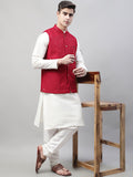 Jompers Men's White Solid Kurta Pyjama with Maroon Embroidered Nehru Jacket