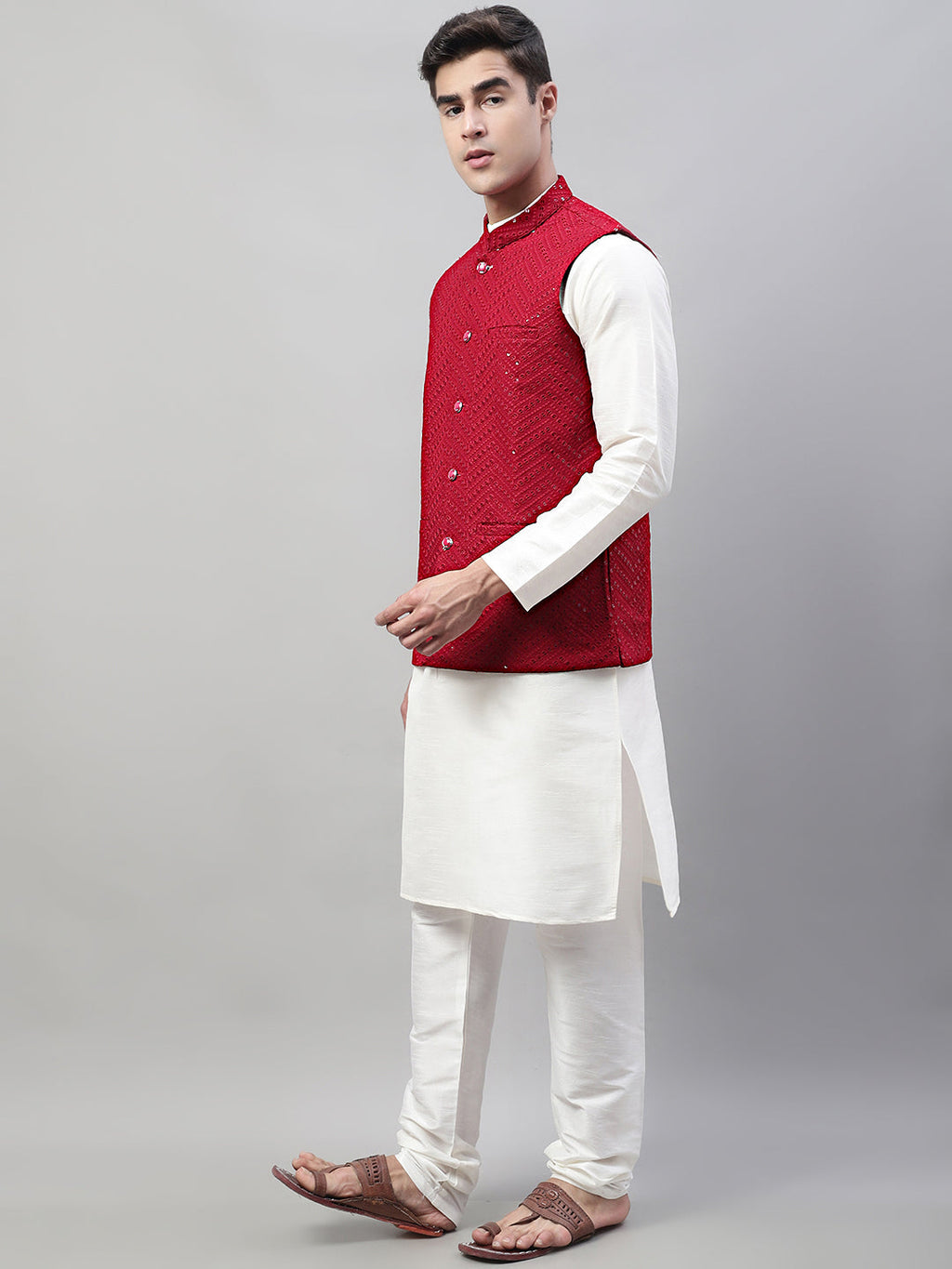 Jompers Men's White Solid Kurta Pyjama with Maroon Embroidered Nehru Jacket
