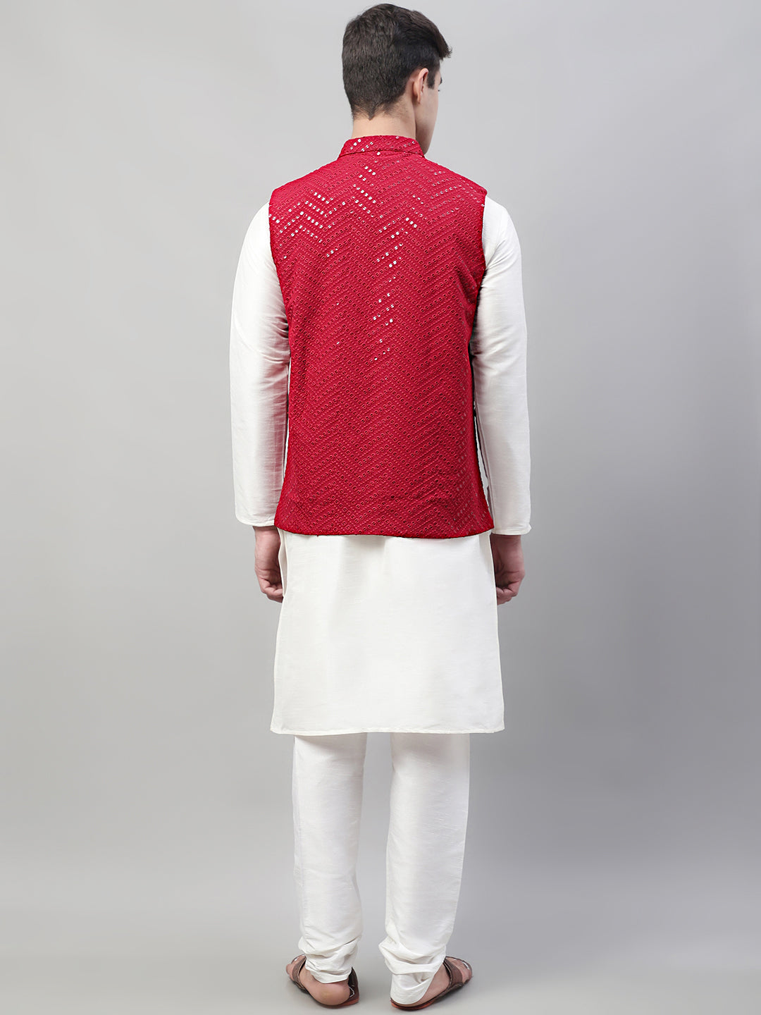 Jompers Men's White Solid Kurta Pyjama with Maroon Embroidered Nehru Jacket