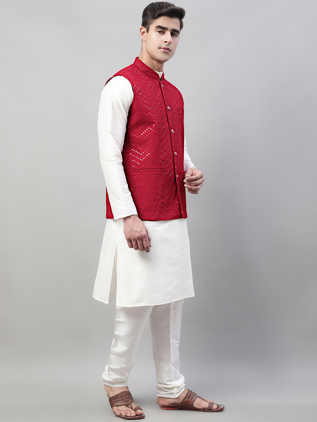 Jompers Men's White Solid Kurta Pyjama with Maroon Embroidered Nehru Jacket