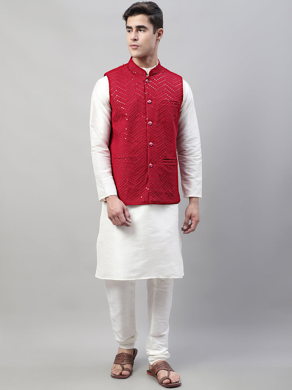 Jompers Men's White Solid Kurta Pyjama with Maroon Embroidered Nehru Jacket