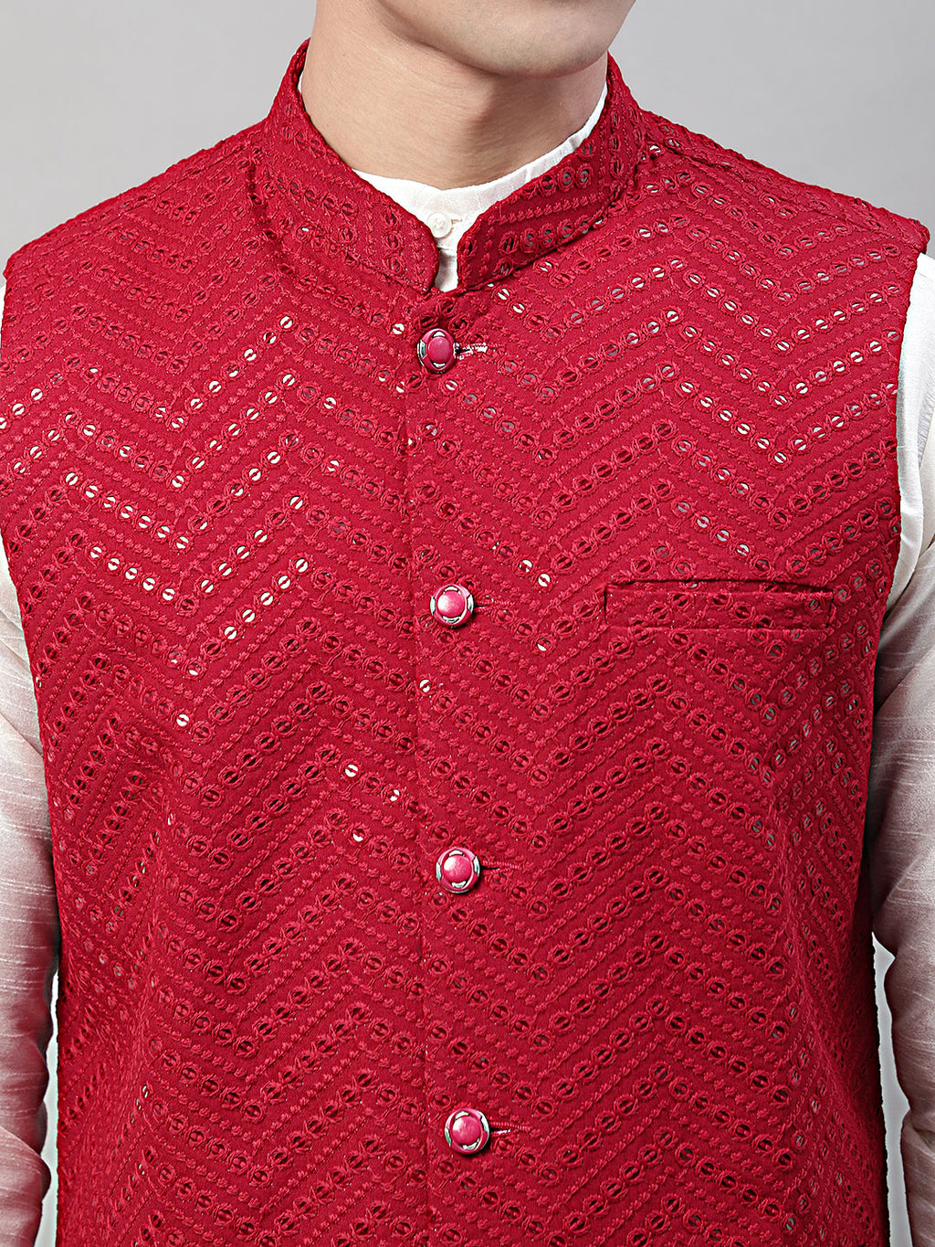 Jompers Men's White Solid Kurta Pyjama with Maroon Embroidered Nehru Jacket