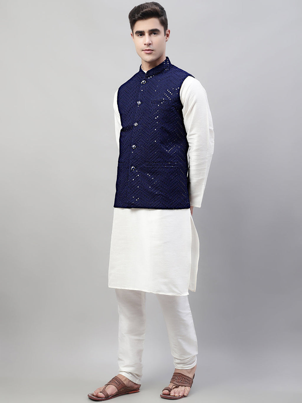 Jompers Men's White Solid Kurta Pyjama with Navy Blue Embroidered Nehru Jacket