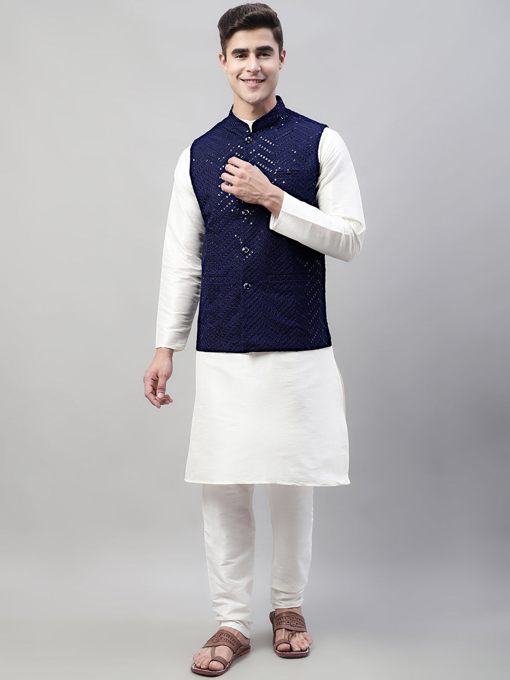 Jompers Men's White Solid Kurta Pyjama with Navy Blue Embroidered Nehru Jacket