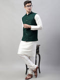 Jompers Men's White Solid Kurta Pyjama with Olive Green Embroidered Nehru Jacket