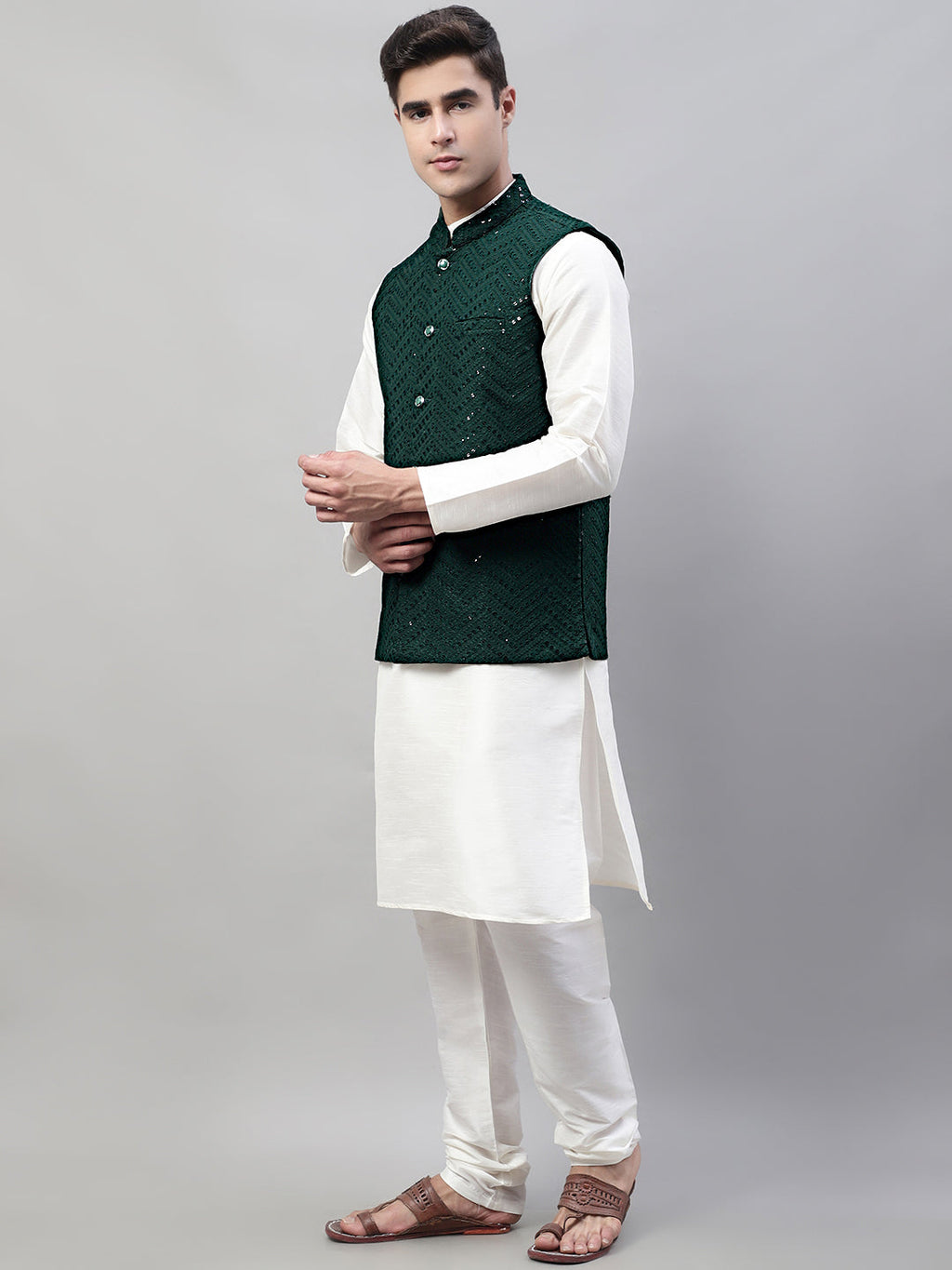 Jompers Men's White Solid Kurta Pyjama with Olive Green Embroidered Nehru Jacket