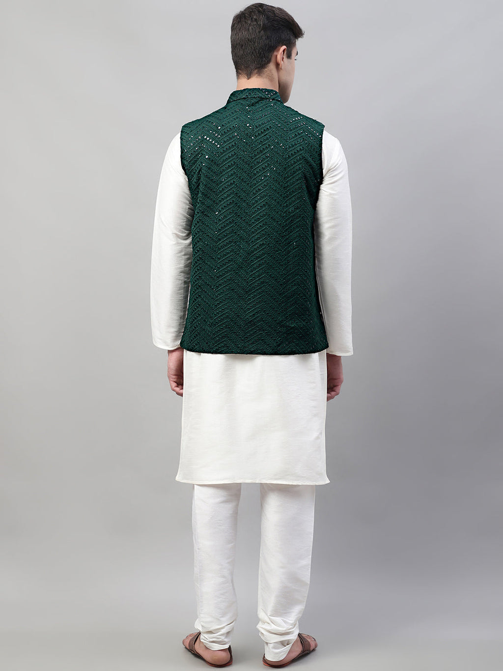 Jompers Men's White Solid Kurta Pyjama with Olive Green Embroidered Nehru Jacket