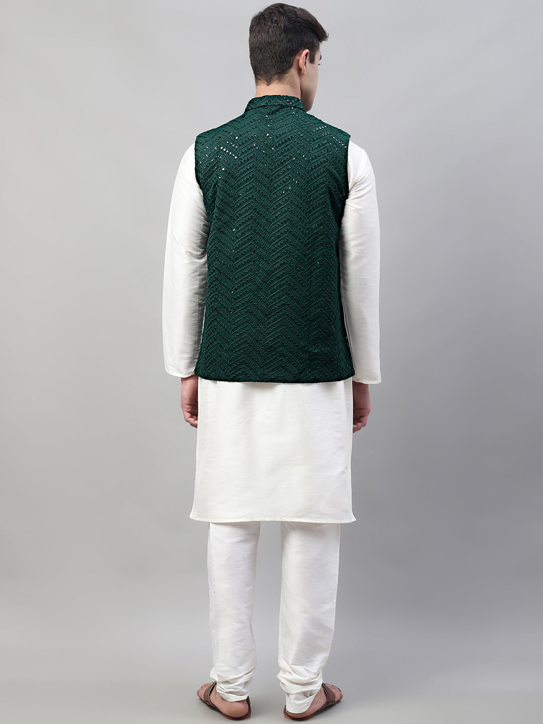 Jompers Men's White Solid Kurta Pyjama with Olive Green Embroidered Nehru Jacket