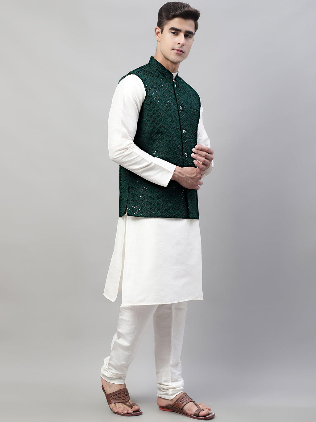 Jompers Men's White Solid Kurta Pyjama with Olive Green Embroidered Nehru Jacket