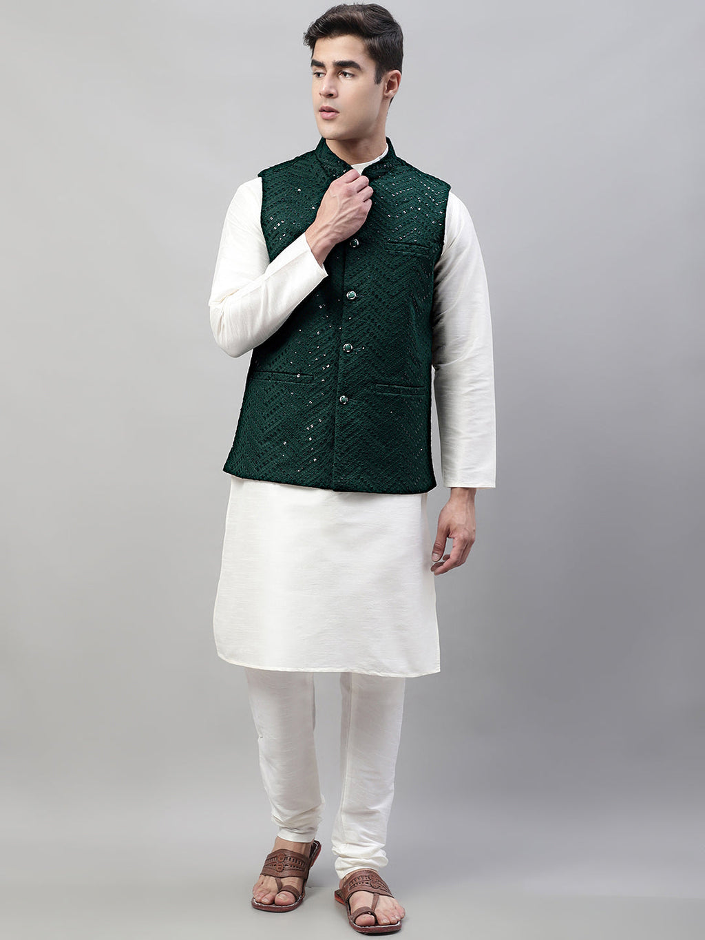 Jompers Men's White Solid Kurta Pyjama with Olive Green Embroidered Nehru Jacket