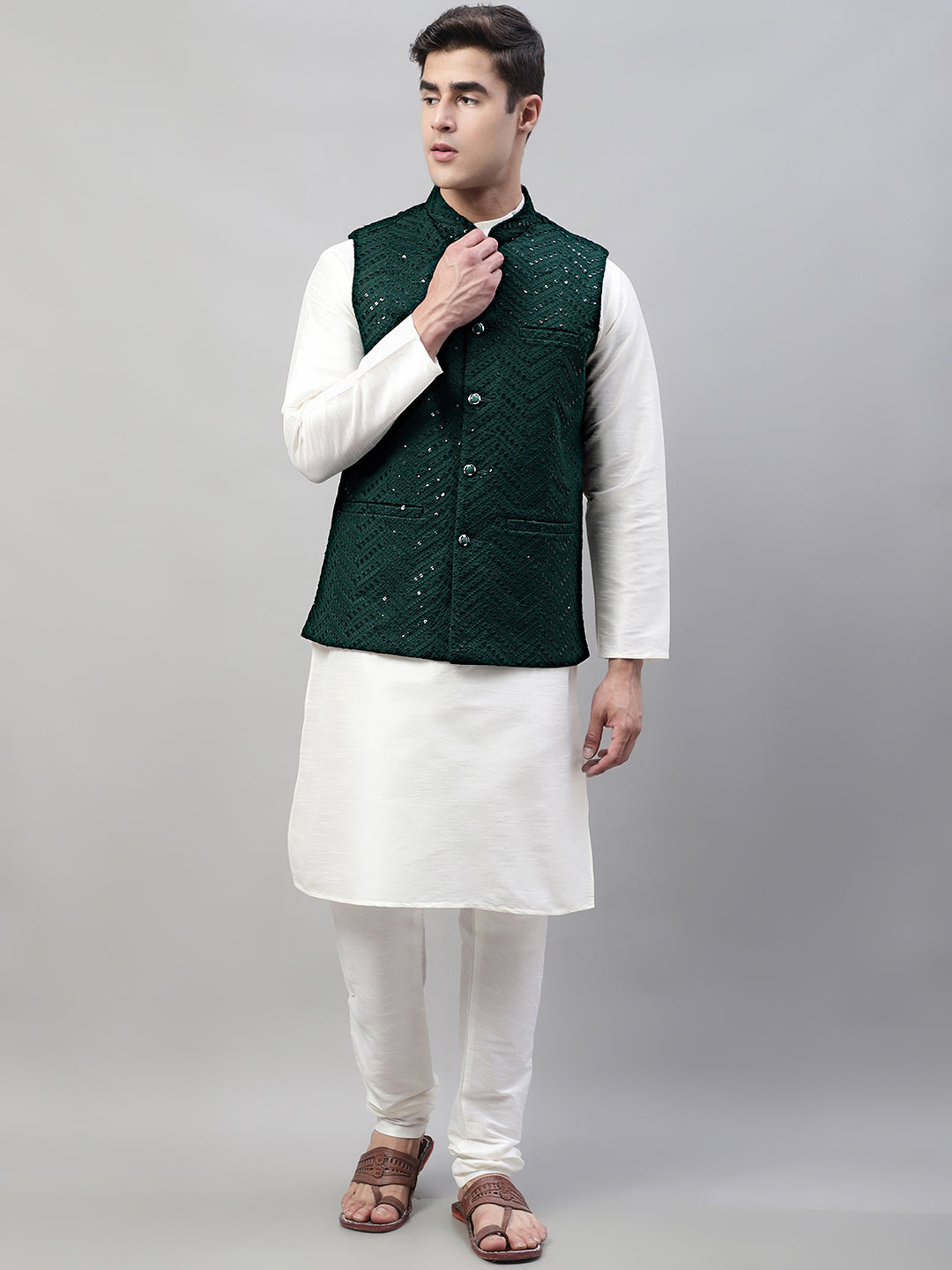 Jompers Men's White Solid Kurta Pyjama with Olive Green Embroidered Nehru Jacket