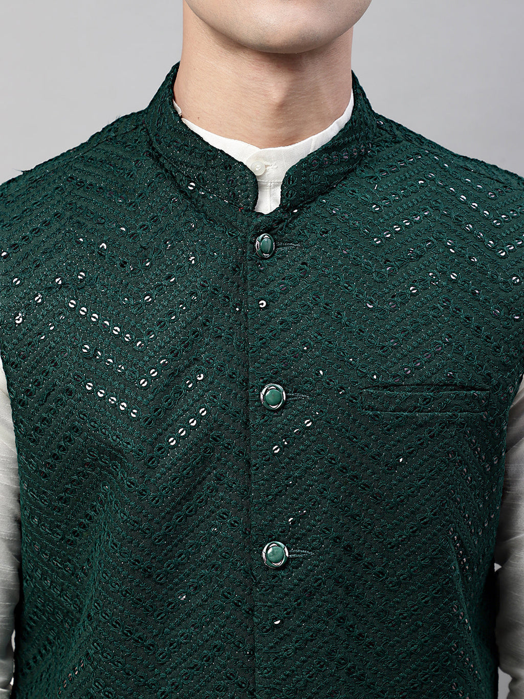 Jompers Men's White Solid Kurta Pyjama with Olive Green Embroidered Nehru Jacket