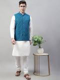 Jompers Men's White Solid Kurta Pyjama with Blue Embroidered Nehru Jacket
