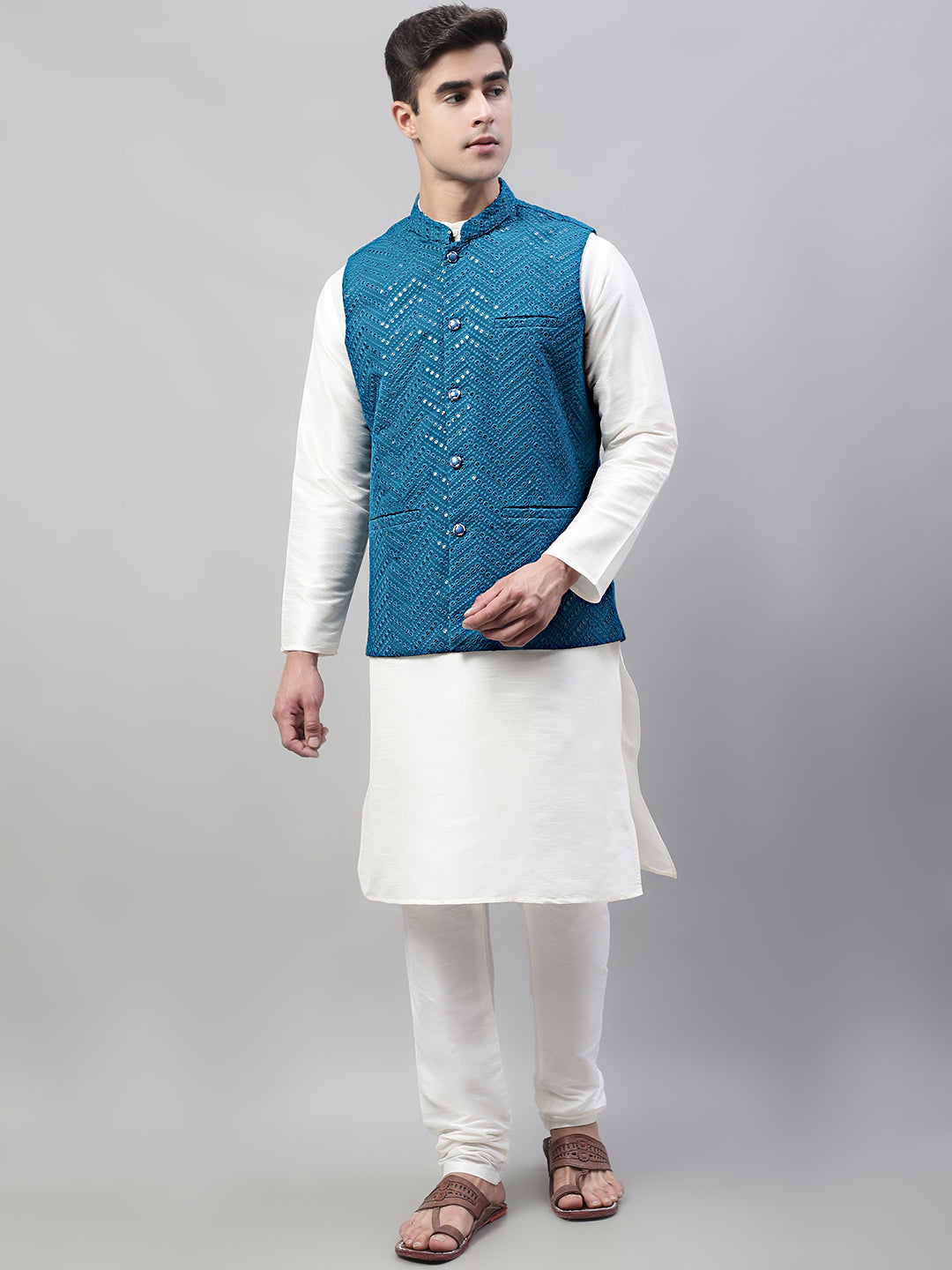 Jompers Men's White Solid Kurta Pyjama with Blue Embroidered Nehru Jacket