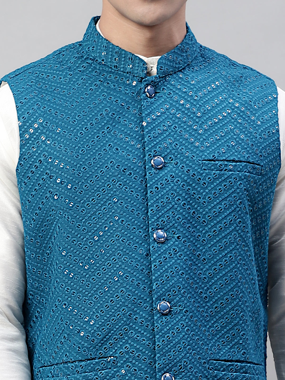 Jompers Men's White Solid Kurta Pyjama with Blue Embroidered Nehru Jacket