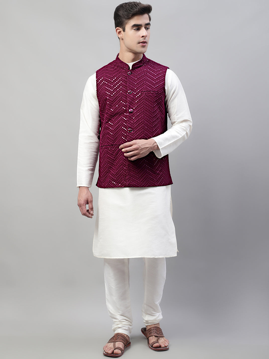 Jompers Men's White Solid Kurta Pyjama with Purple Embroidered Nehru Jacket