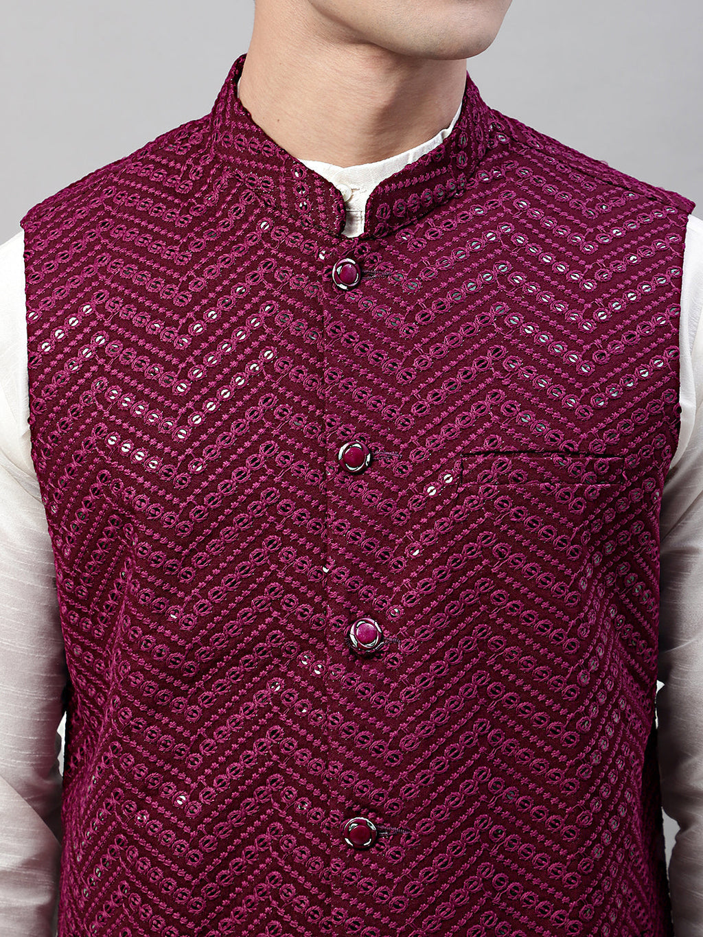 Jompers Men's White Solid Kurta Pyjama with Purple Embroidered Nehru Jacket