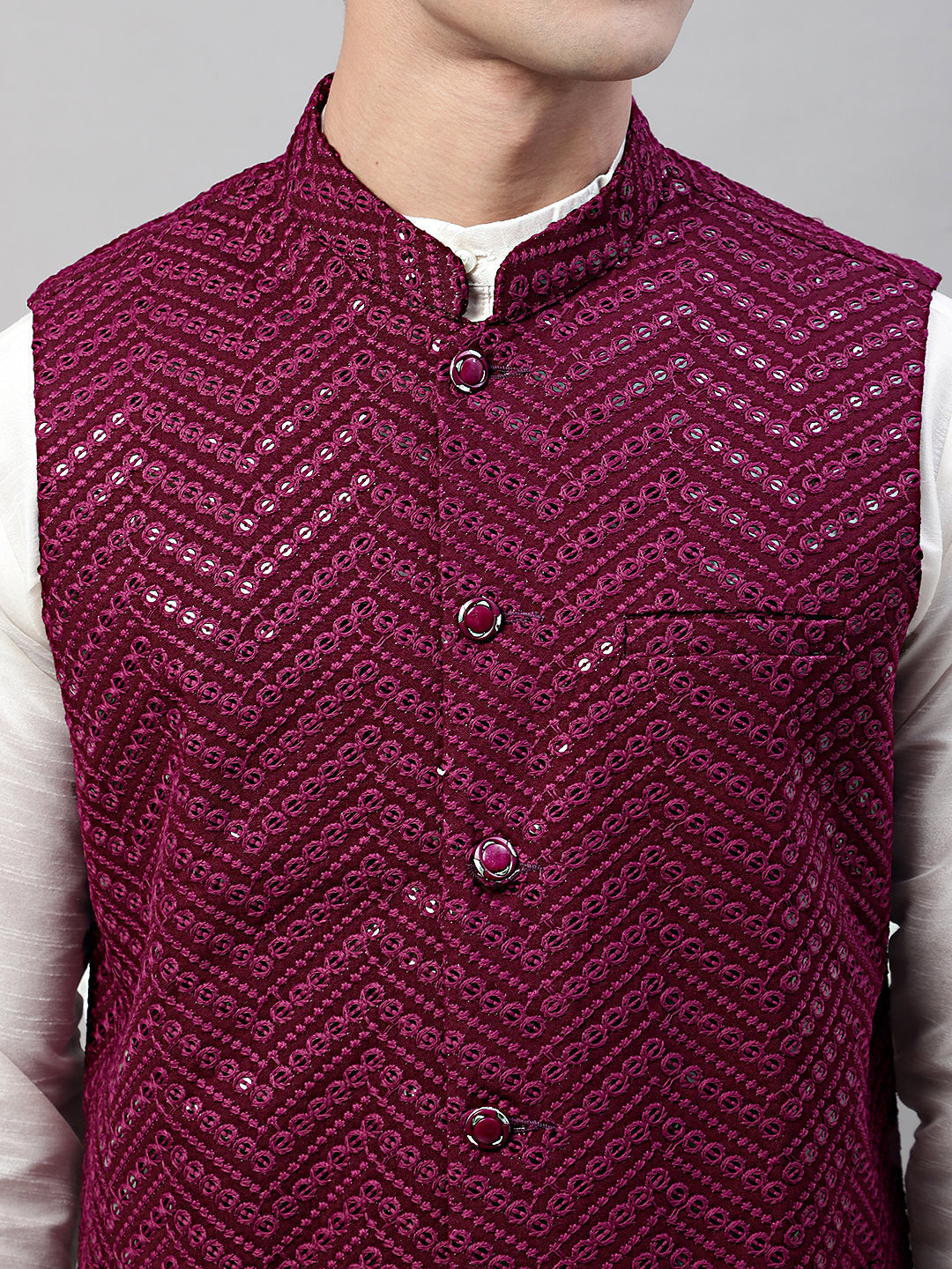 Jompers Men's White Solid Kurta Pyjama with Purple Embroidered Nehru Jacket