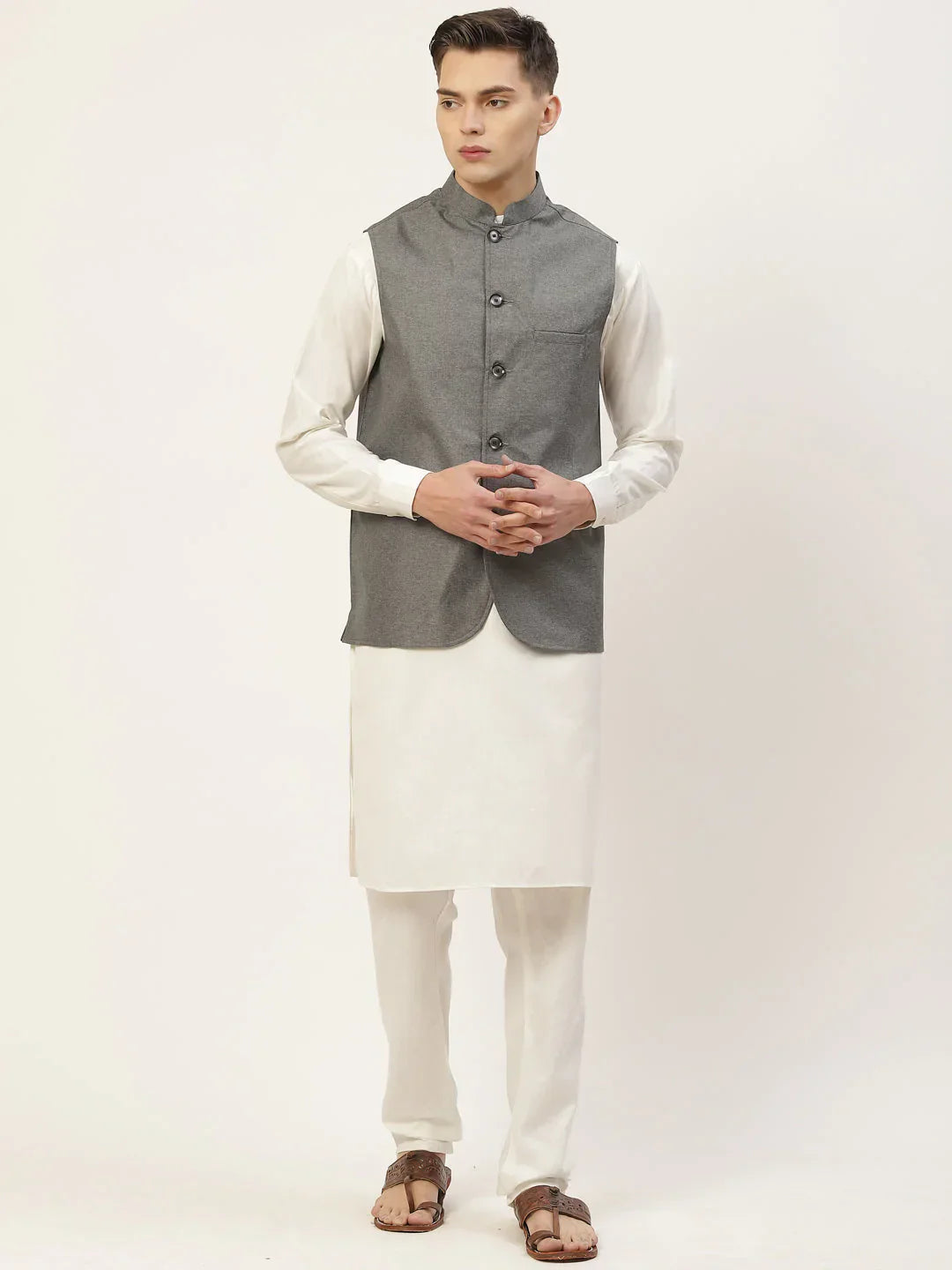 Jompers Men's Kurta Pyjama With Charcoal Grey Solid Nehru Jacket