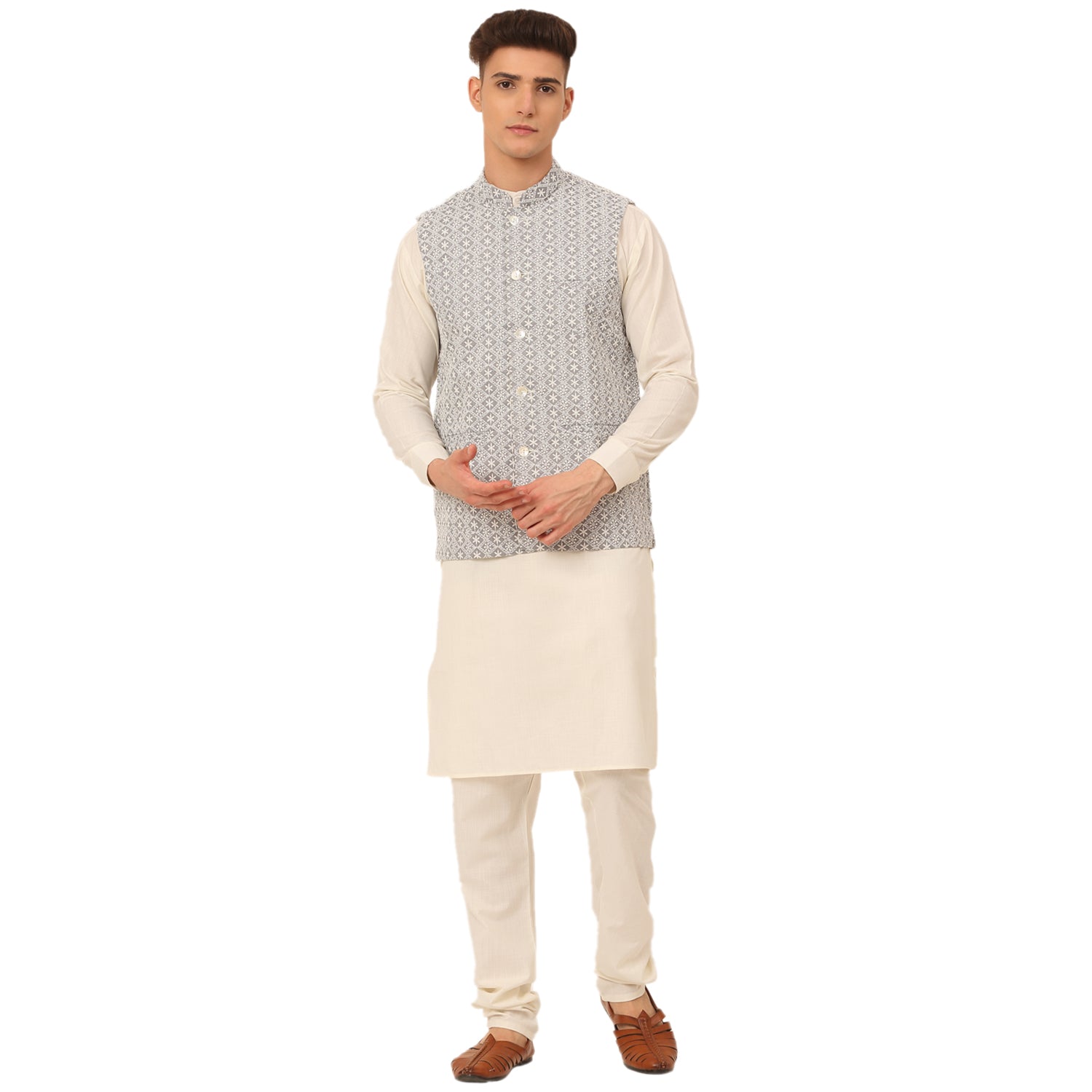Jompers Men's White Cotton Blend Kurta with Pyjamas & Embroidered Nehru Jacket