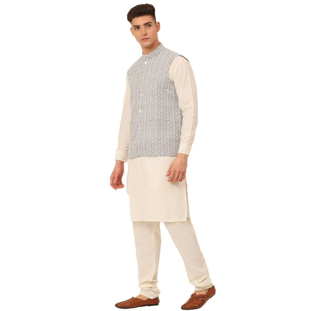 Jompers Men's White Cotton Blend Kurta with Pyjamas & Embroidered Nehru Jacket